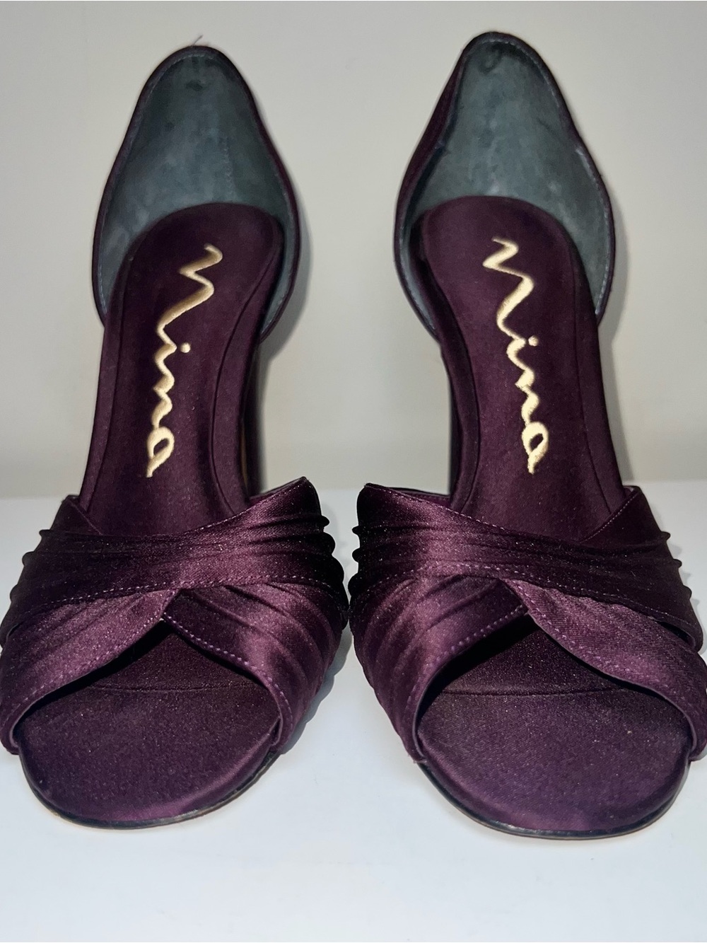 Nina Satin D'Orsay Open-Toe Heels in Plum